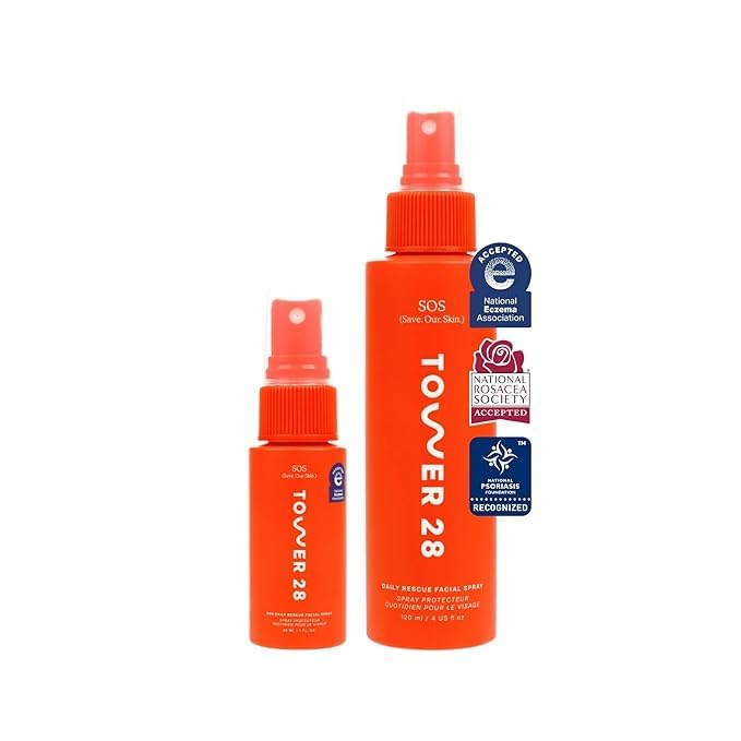 Tower 28 SOS Daily Rescue spray bottle shows calming mist for sensitive skin.