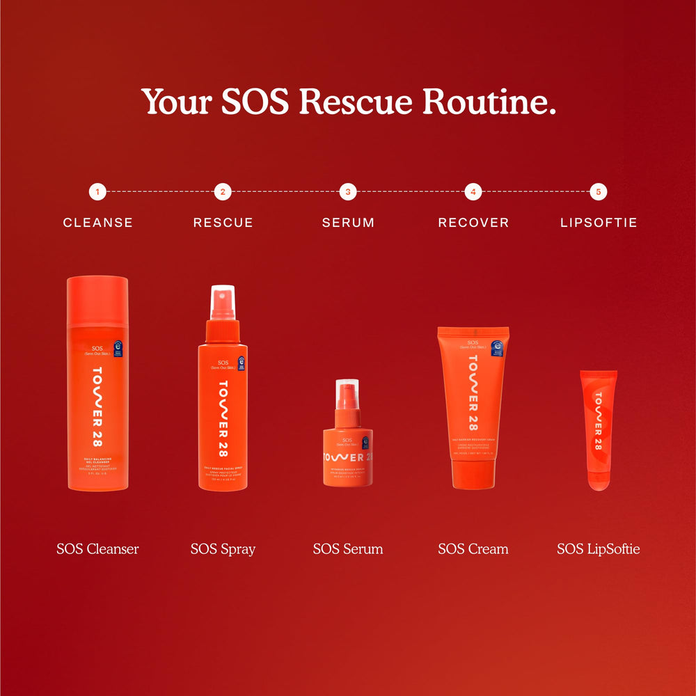 Applying Tower 28 SOS Recovery Face Cream to cheek for gentle hydration