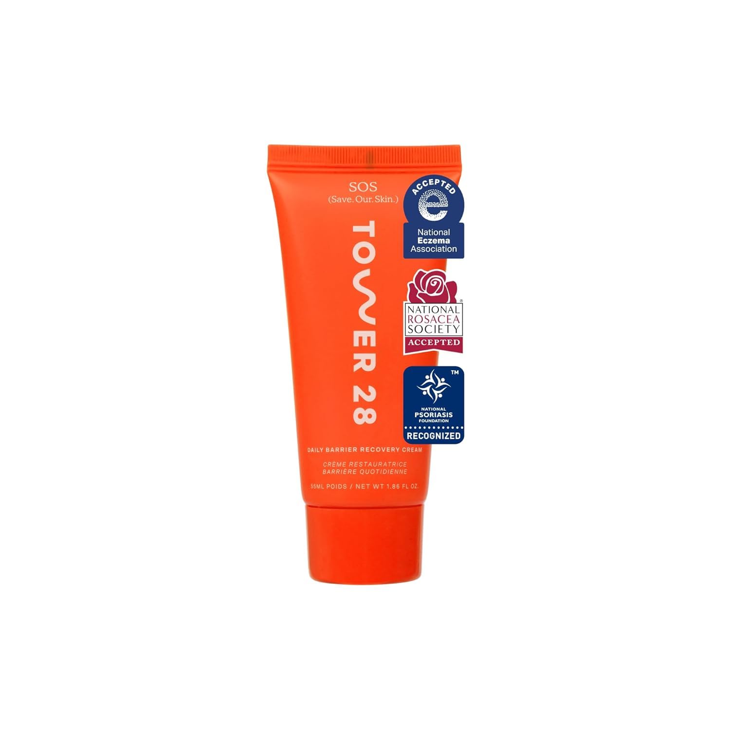 Tower 28 SOS Recovery Face Cream bottle front for gentle hydration