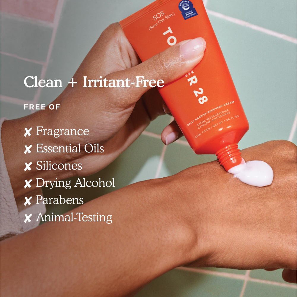 Fragrance-free label on Tower 28 SOS Recovery Face Cream packaging