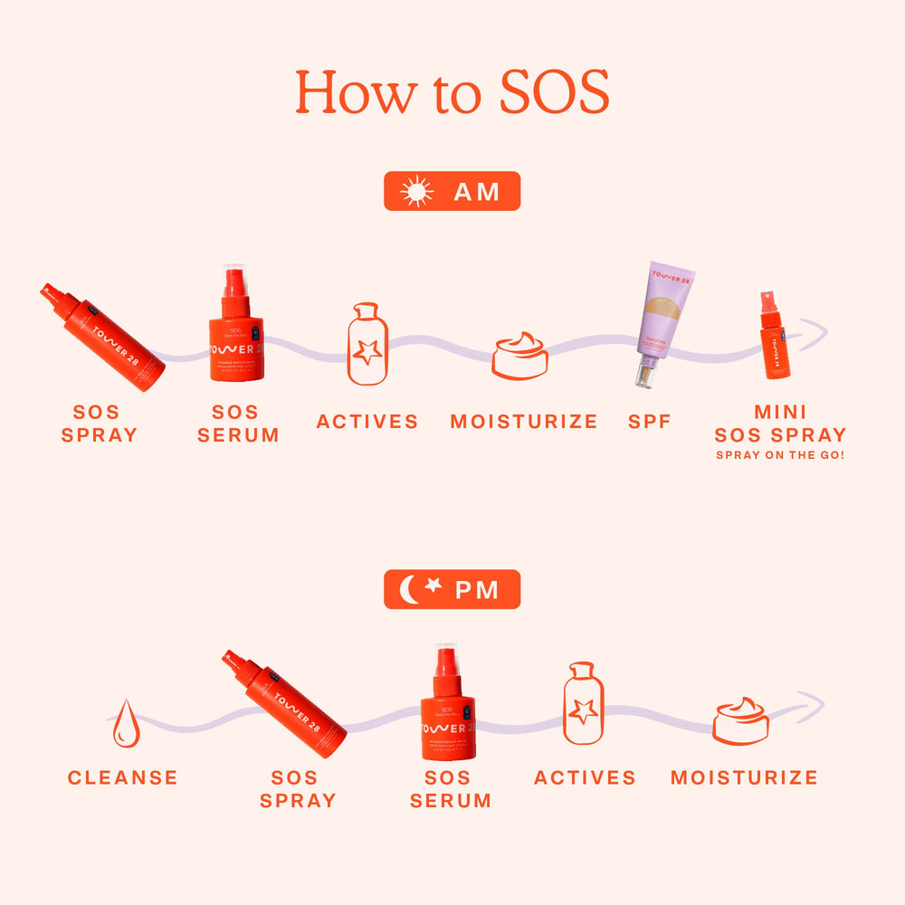 Tower 28 SOS Rescue packaging closeup emphasizes fragrance-free formula for sensitive routines