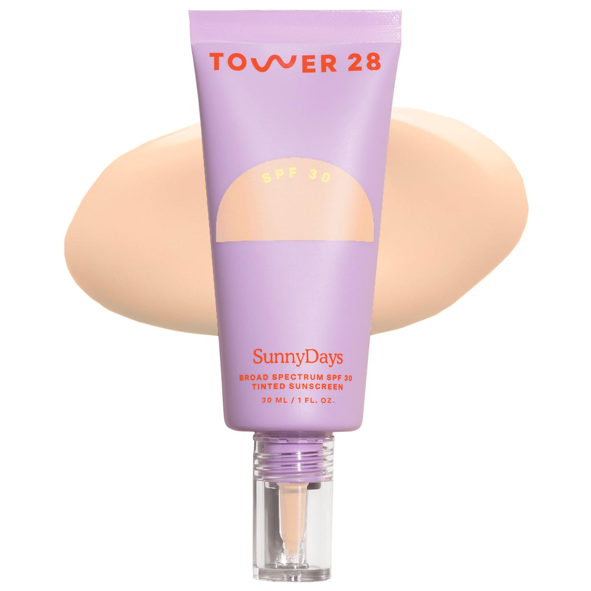 Tower 28 SunnyDays bottle closeup showing SPF 30 and buildable coverage.