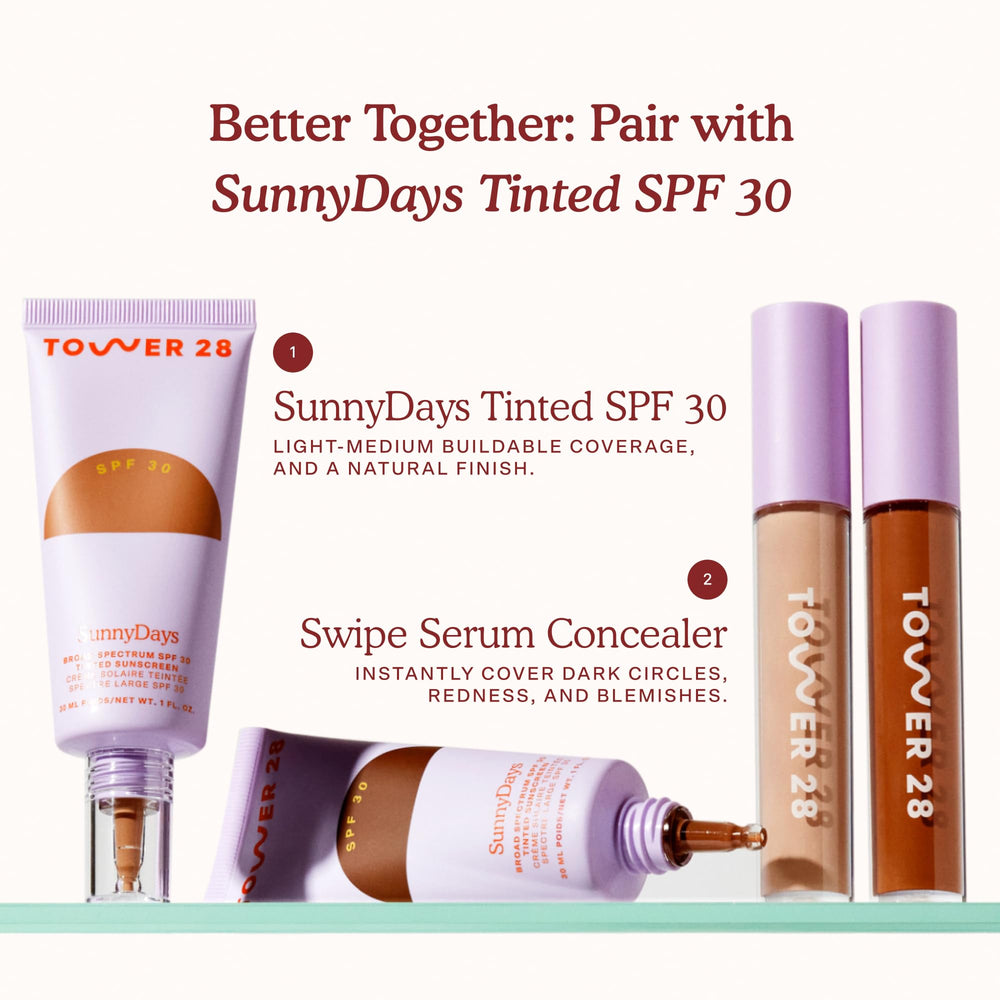 Tower 28 Swipe Serum Concealer packaging supports easy application on the go.