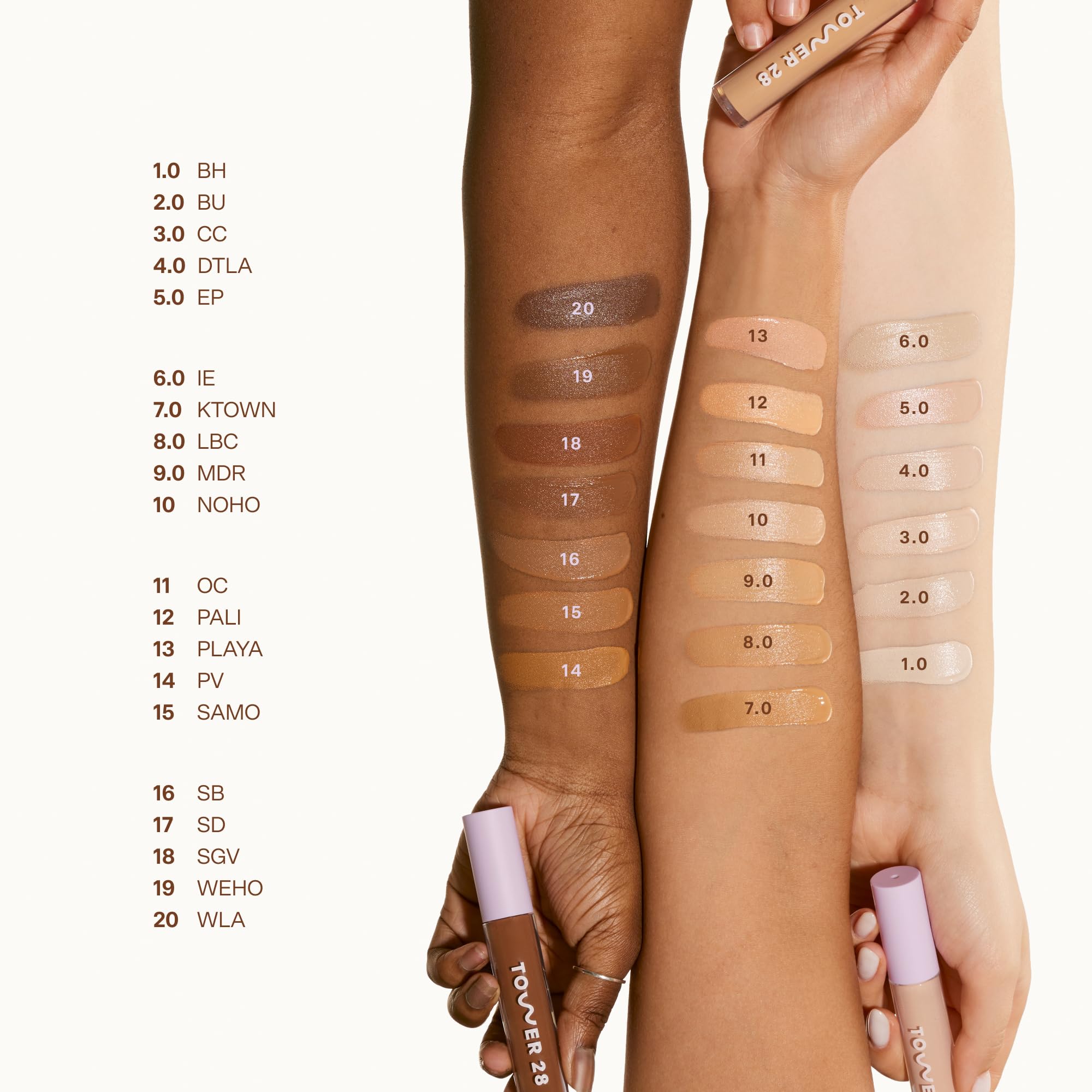 Tower 28 Swipe Serum Concealer under-eye brightening swatch suggests quick radiance.