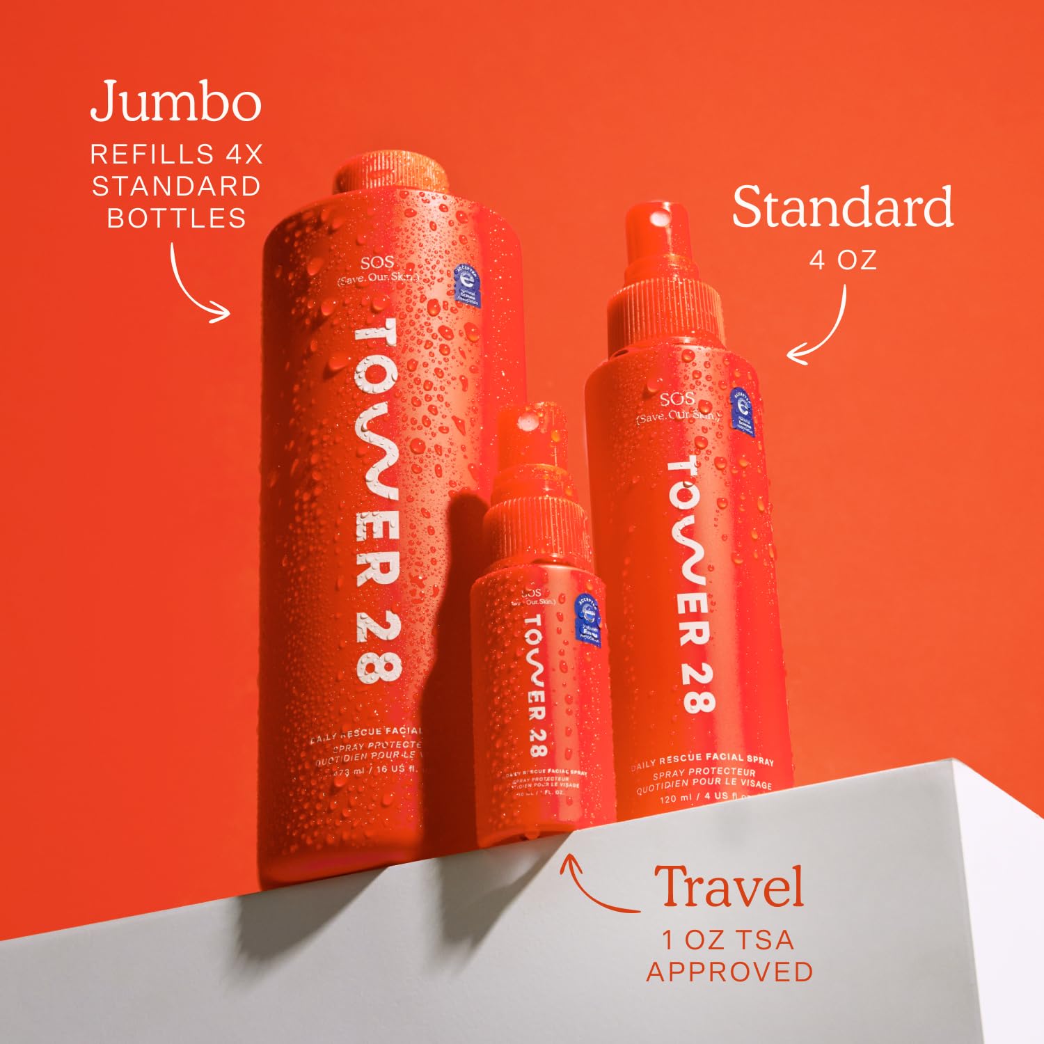 Tower 28 SOS mist diffusing over a clean face for calming, refreshing effect