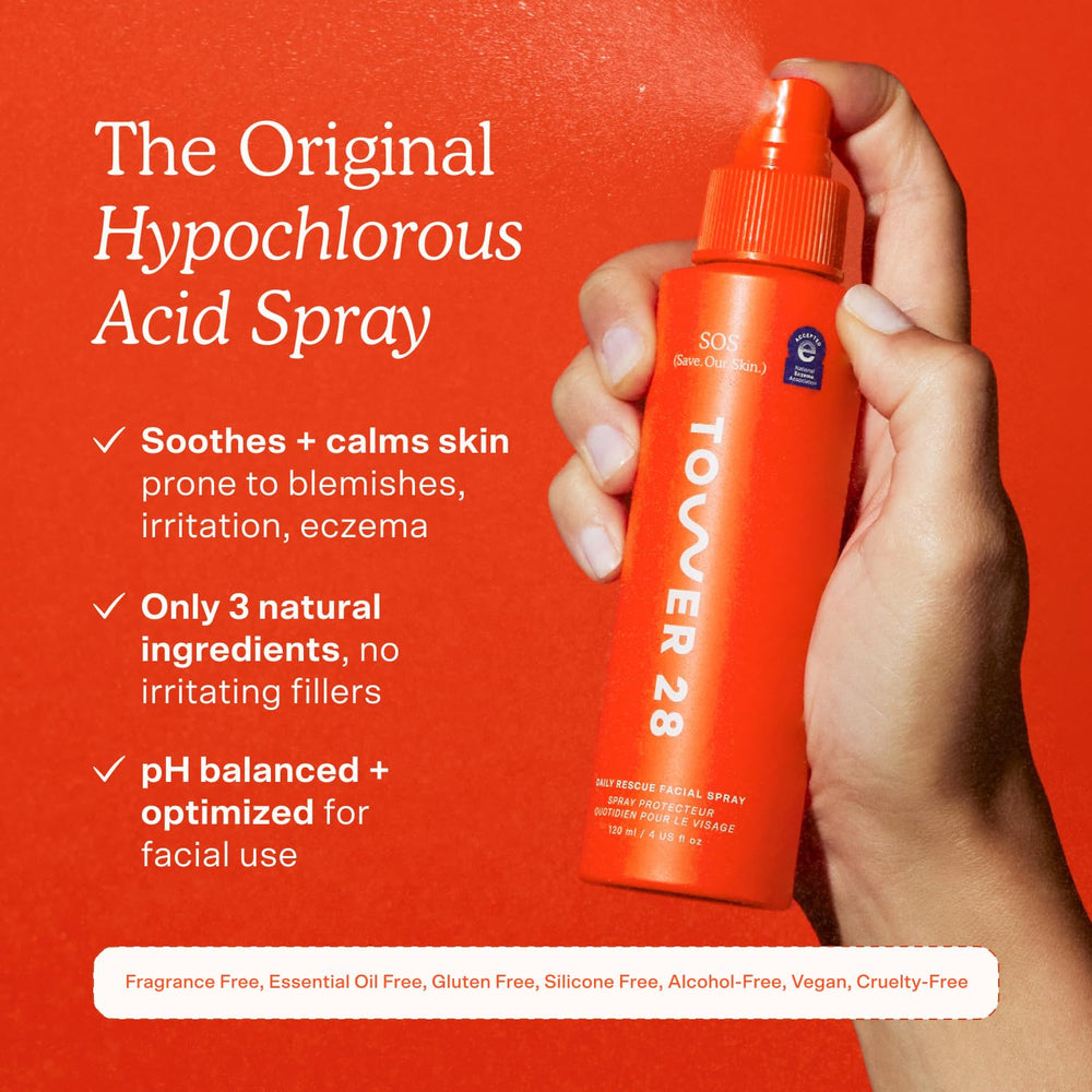 Tower 28 SOS mist on clean skin showing redness relief and refreshment