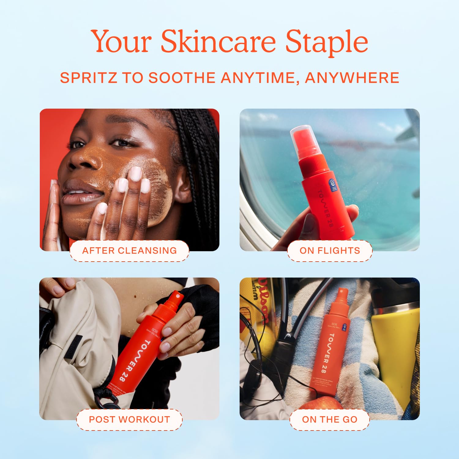 Tower 28 SOS spray shown as part of a calm skincare routine