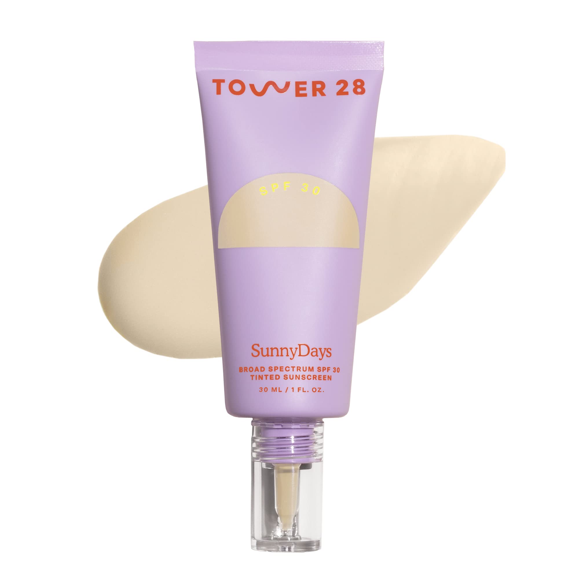 Tower 28 SunnyDays packaging highlights fragrance-free mineral sunscreen for sensitive skin use.