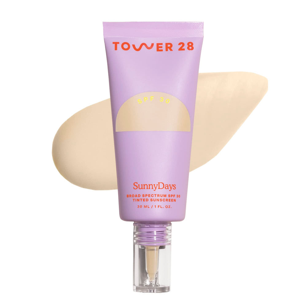 Tower 28 SunnyDays packaging highlights fragrance-free mineral sunscreen for sensitive skin use.
