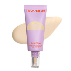 Tower 28 SunnyDays packaging highlights fragrance-free mineral sunscreen for sensitive skin use.