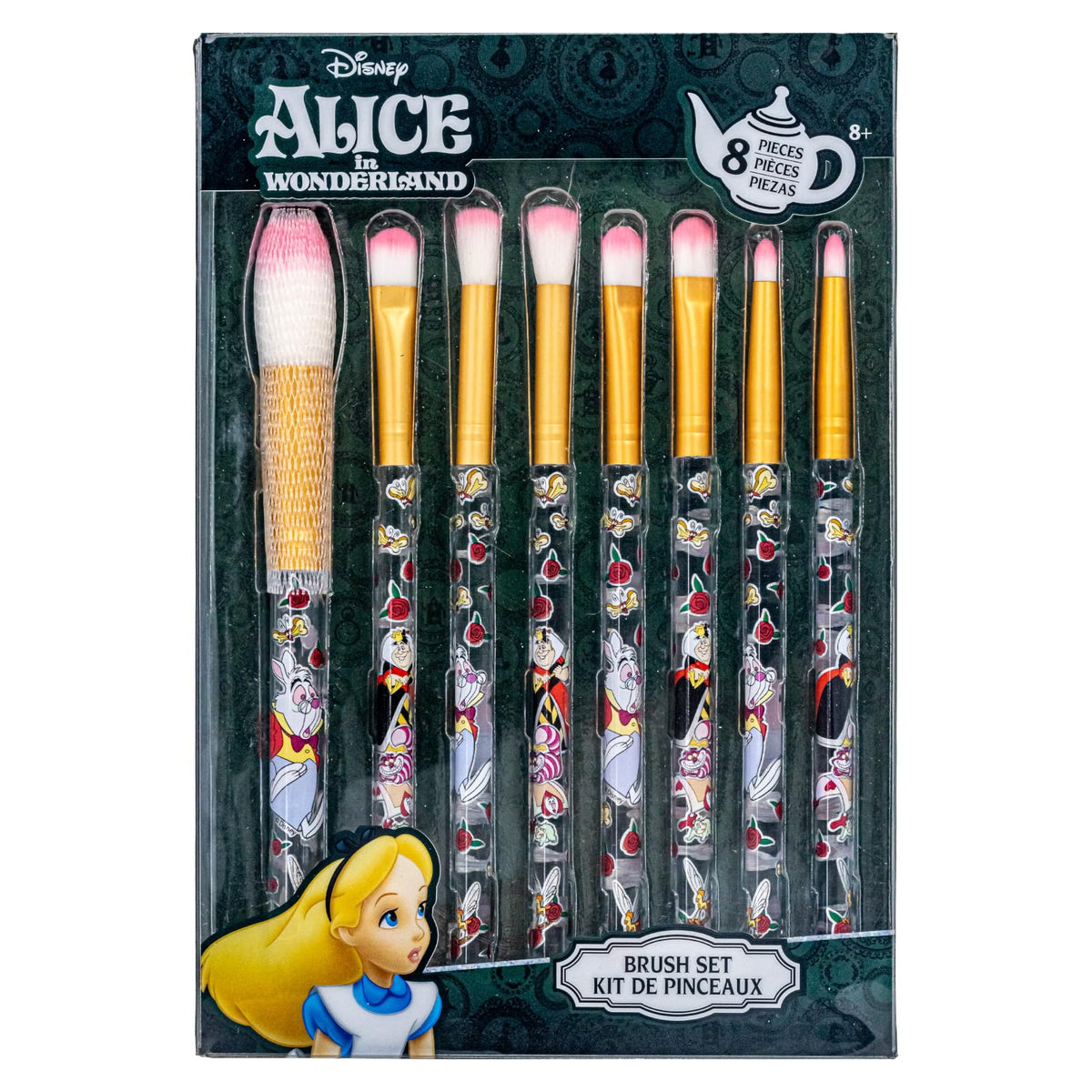 Townley Girl Alice in Wonderland 8-Piece Brush Set includes a storage pouch for easy, organized play.