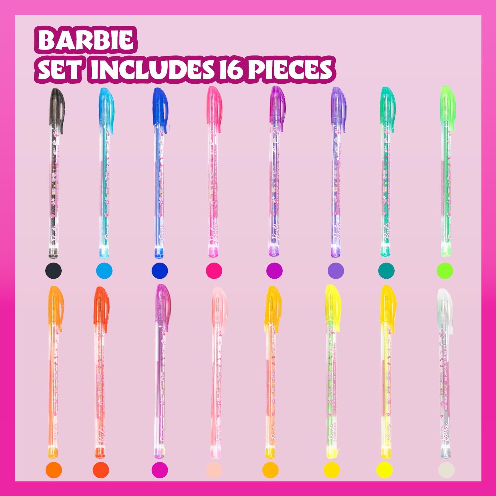 Townley Girl Barbie glitter pens array offers vibrant colors for temporary art and journaling