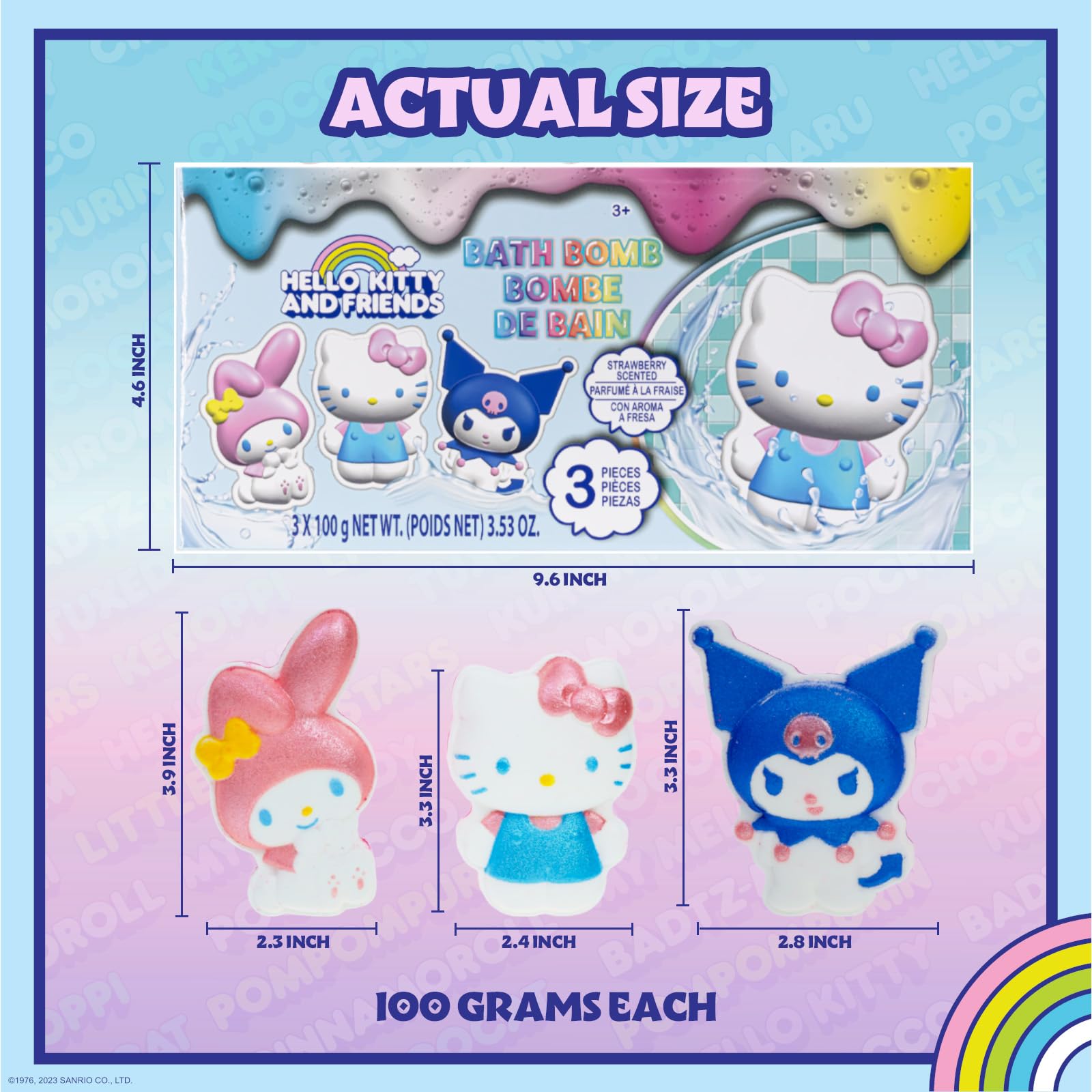 Townley Girl bombas de baño Hello Kitty Stitch pose 6: burbujas suaves y destellos de color.