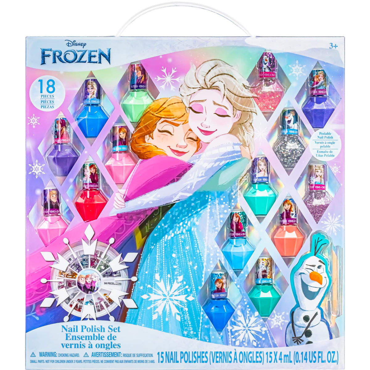 Townley Girl Disney Frozen nail polish set with diamond bottles for playful manicures, kid-safe fun.