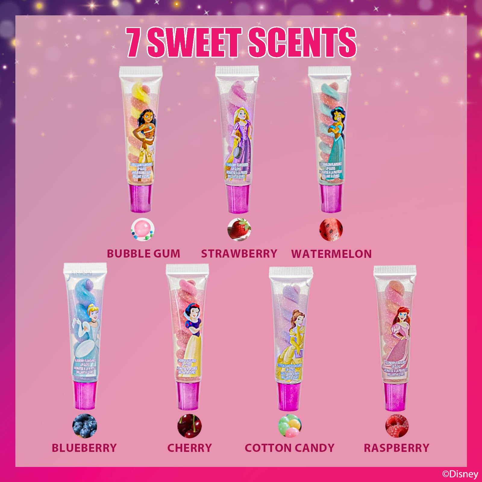 Townley Girl Disney Princess swirl lip gloss packaging highlights safe, plant-based ingredients.