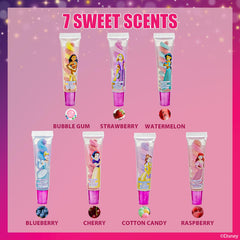 Townley Girl Disney Princess swirl lip gloss packaging highlights safe, plant-based ingredients.