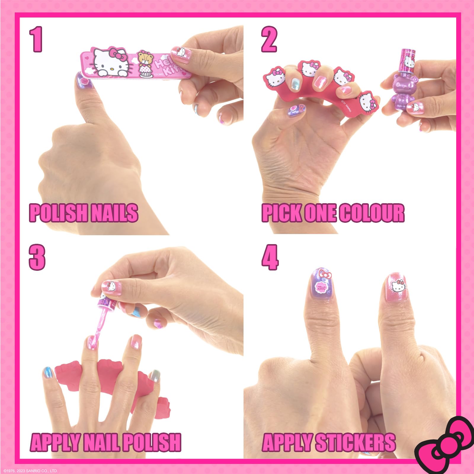 Townley Girl Hello Kitty includes brushes, spacers, nail sheet, and file