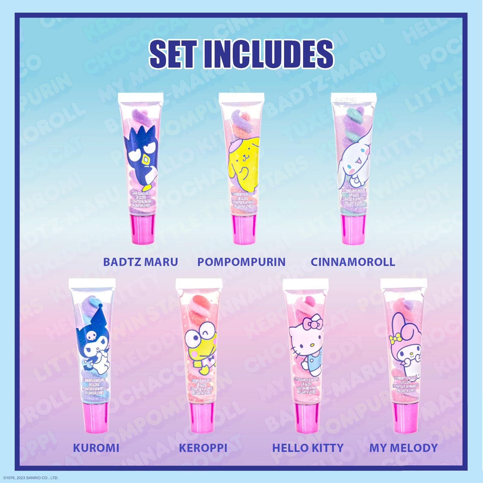 Townley Girl Hello Kitty swirl lip gloss colors closeup shows two-tone shine