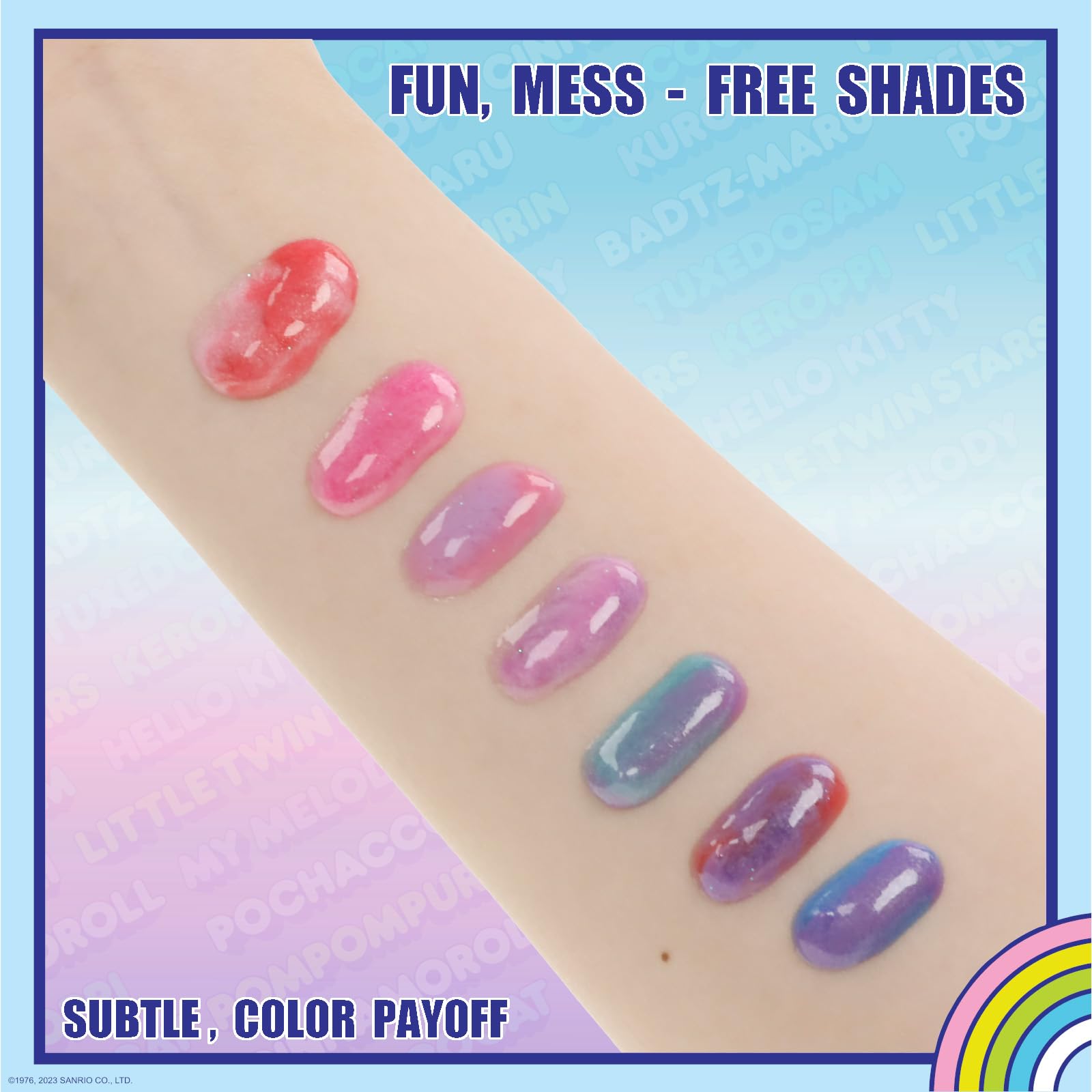 Townley Girl Hello Kitty swirls gloss tubes closeup highlights vibrant scents