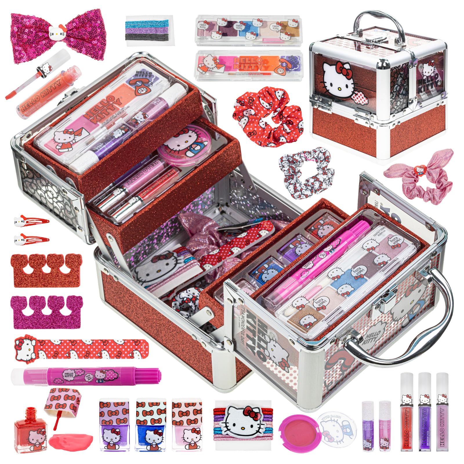 Townley Girl Hello Kitty train case open with organized compartments for makeovers
