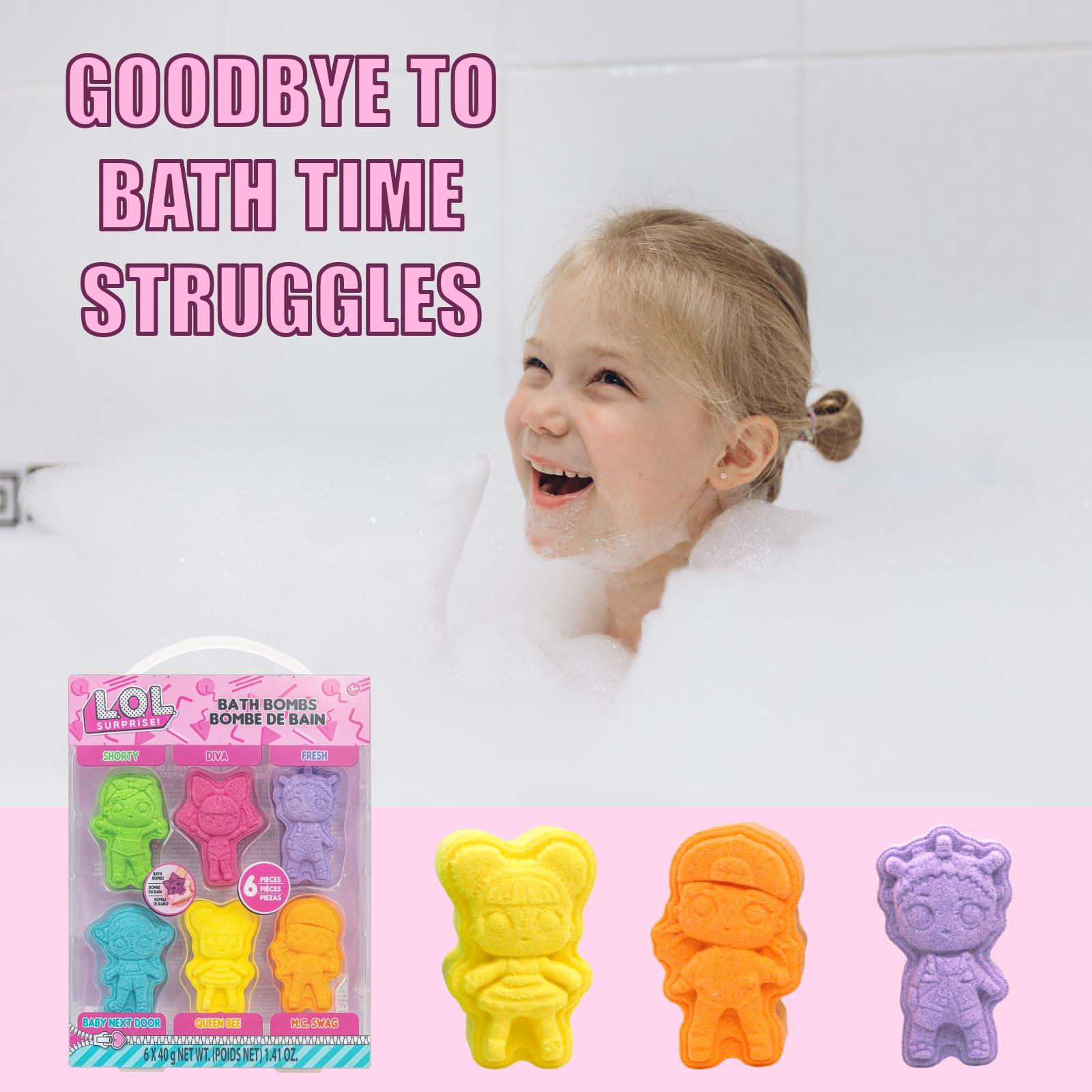 Townley Girl L.O.L. Surprise bath bombs in bath-time setup for sensory play.