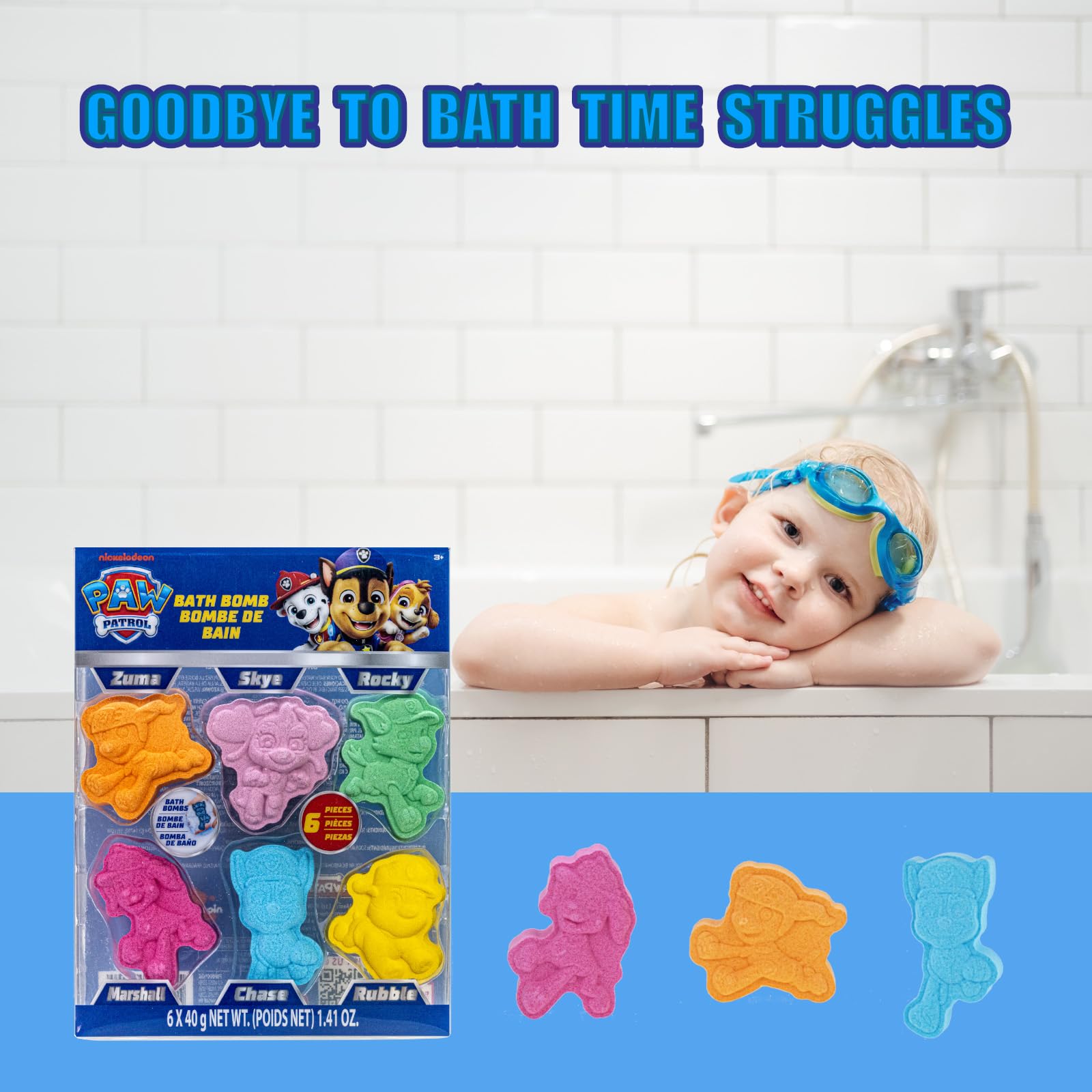 Aroma pepino-melon en bombas de baño Paw Patrol, sensación fresca.