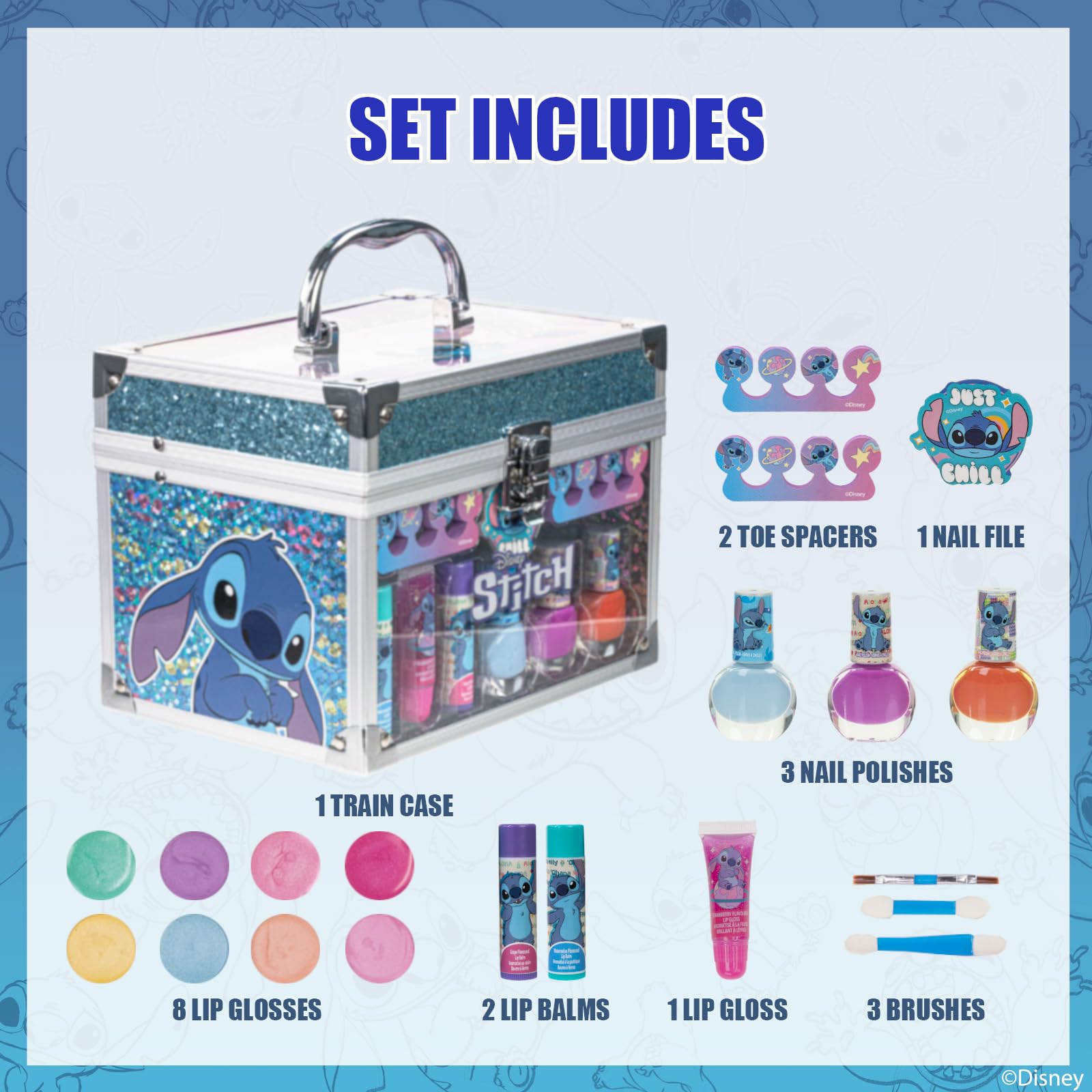 Townley Girl Stitch Train Case contents show kid friendly makeup tools