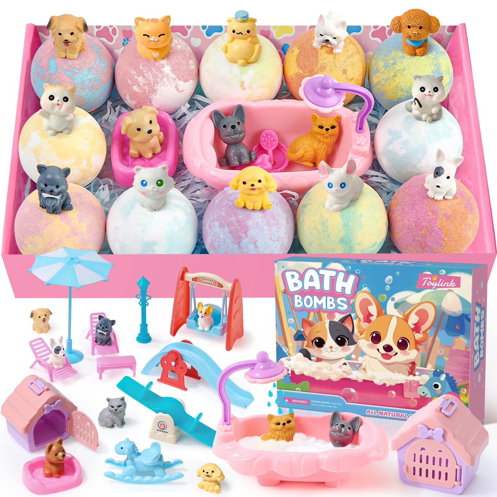 Toylink bath bombs with a dog toy inside for imaginative play
