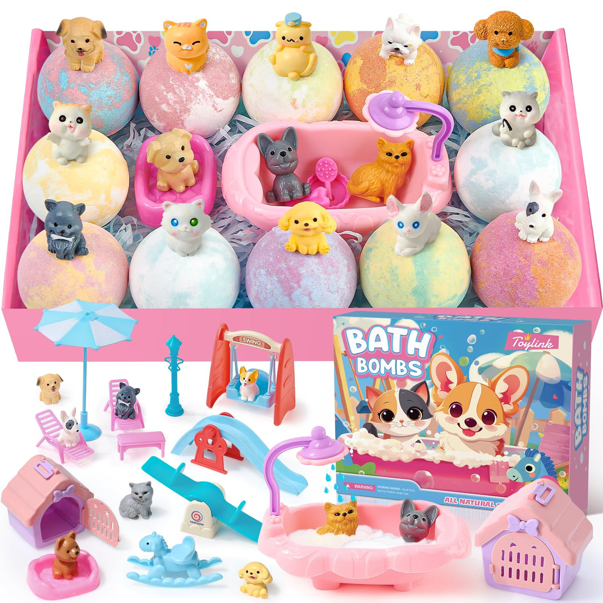 Toylink bath bombs with a dog toy inside for imaginative play
