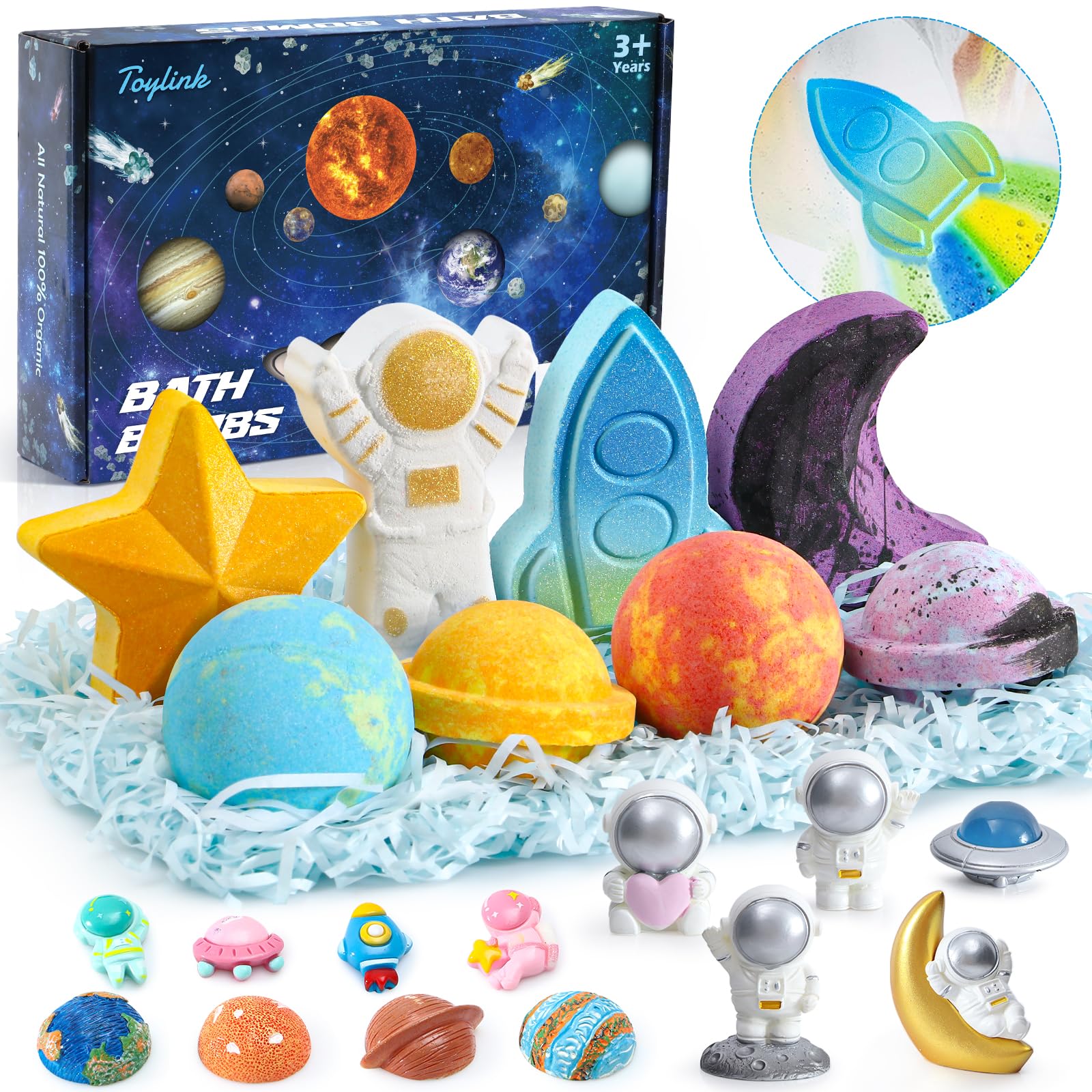 Toylink space bath bombs packaging box showcases eight colorful bombs for kids.