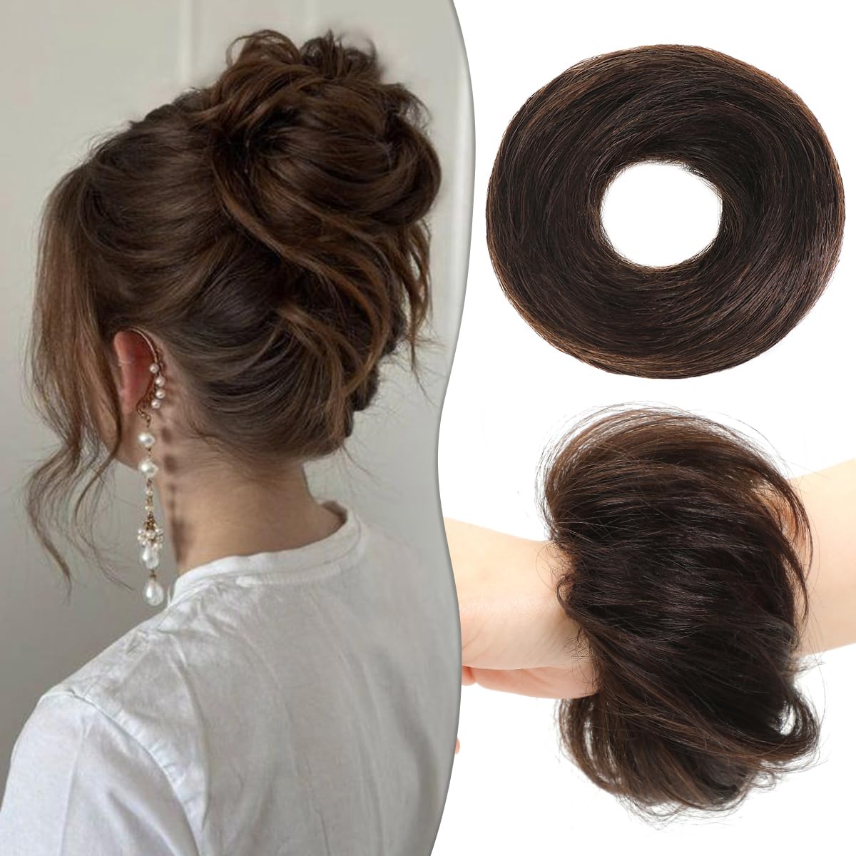 Tozoie 2Pcs messy bun hair piece in dark brown blends naturally for seamless everyday styling.