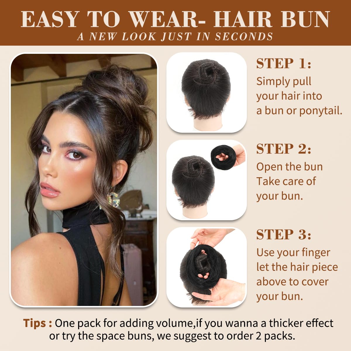 Tozoie 2Pcs messy bun hair piece wraps easily for instant updos.