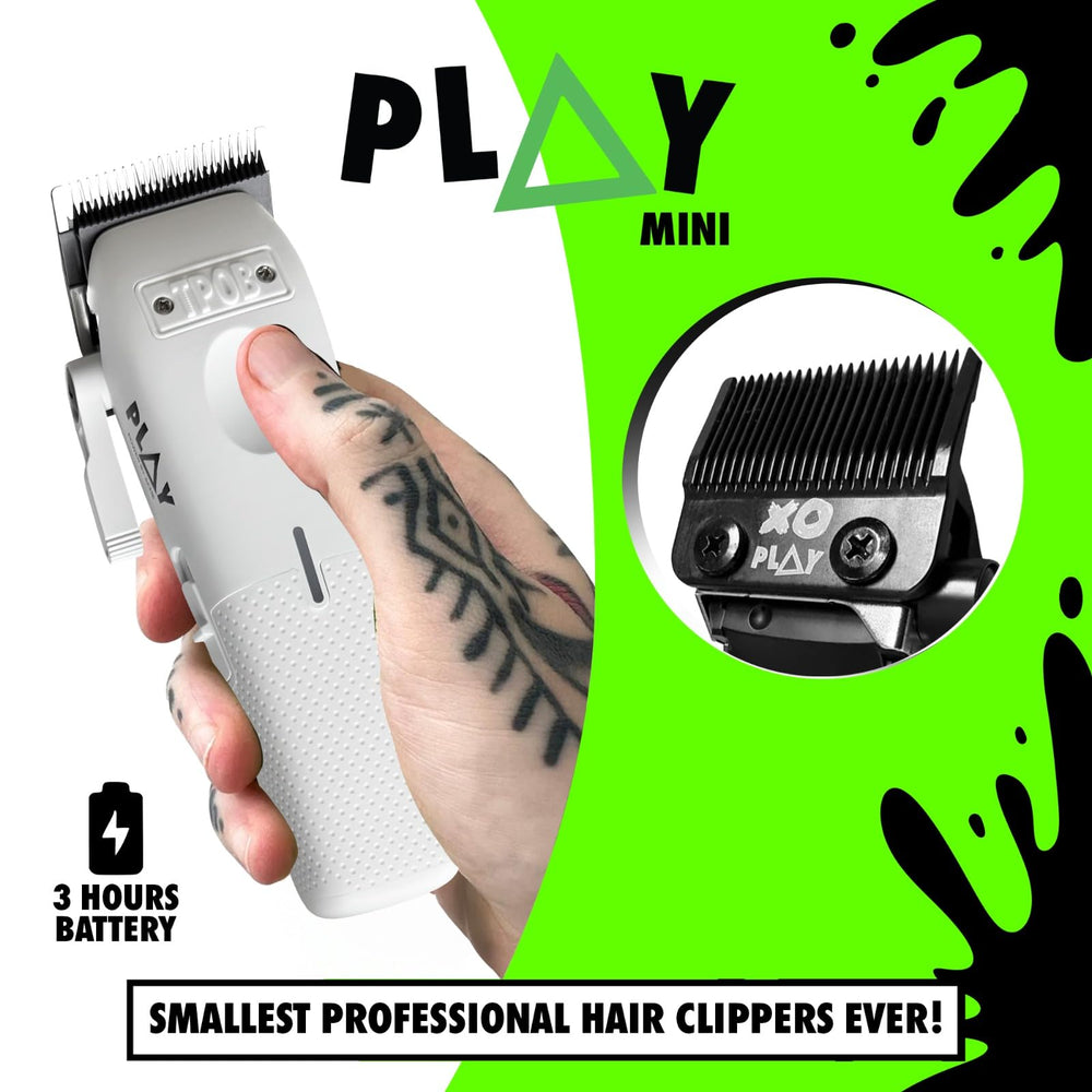 TPOB Mini Play White blade closeup highlights XO PLAY blade for smooth cuts.