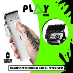 TPOB Mini Play White blade closeup highlights XO PLAY blade for smooth cuts.