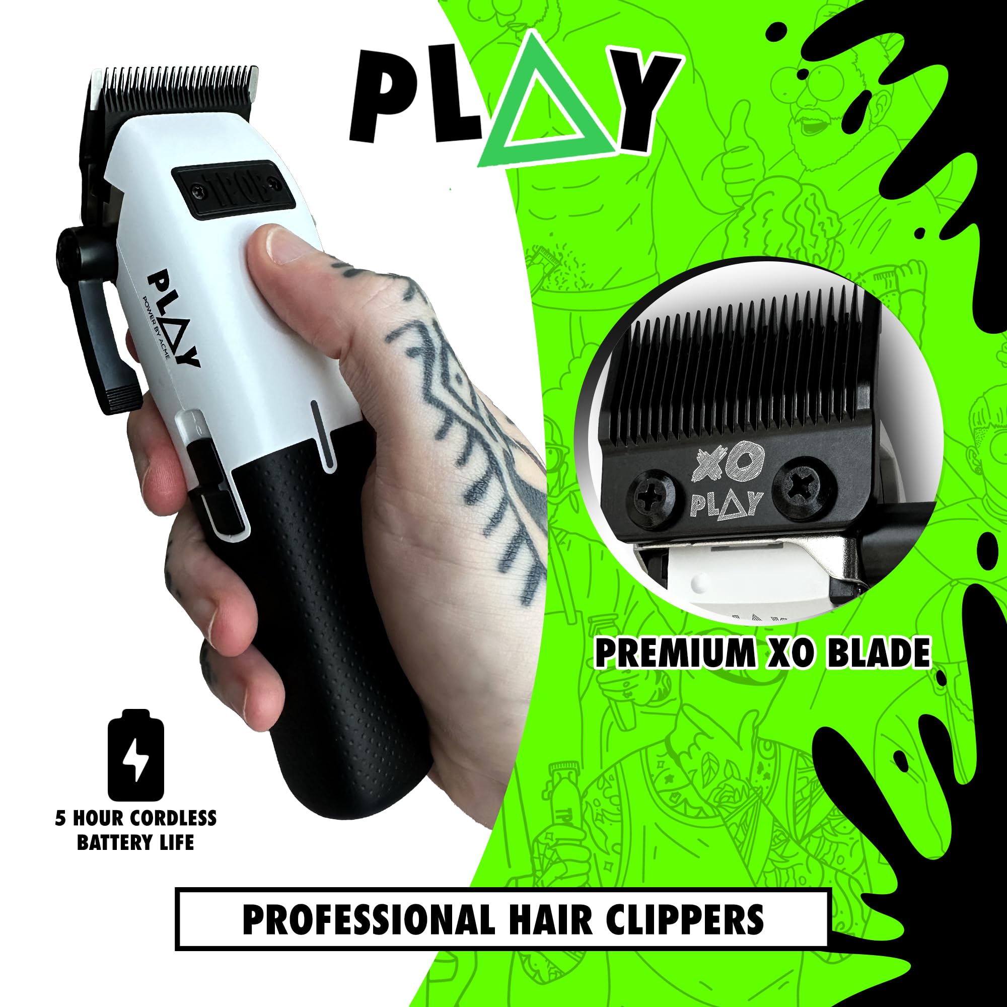 TPOB Play barber clippers side view showing ergonomic rubber grips.