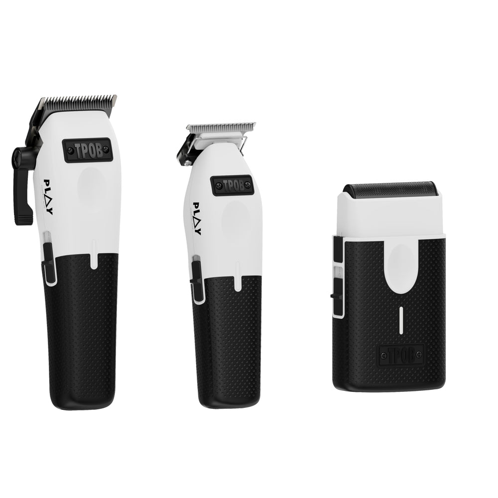 TPOB Play white finish in a professional grooming kit context.