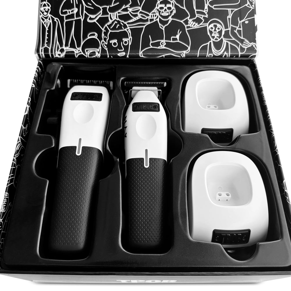 TPOB Play charging base with rubber grips keeps clippers powered and ready.