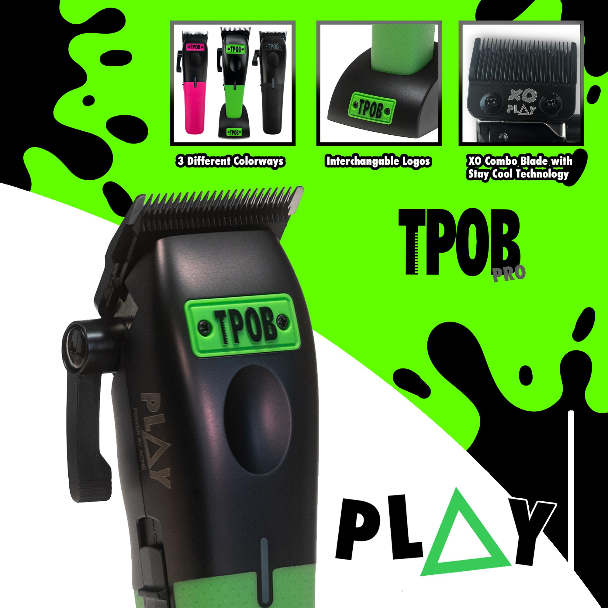 TPOB Play rubber grips and logos for secure grip and customizable style.