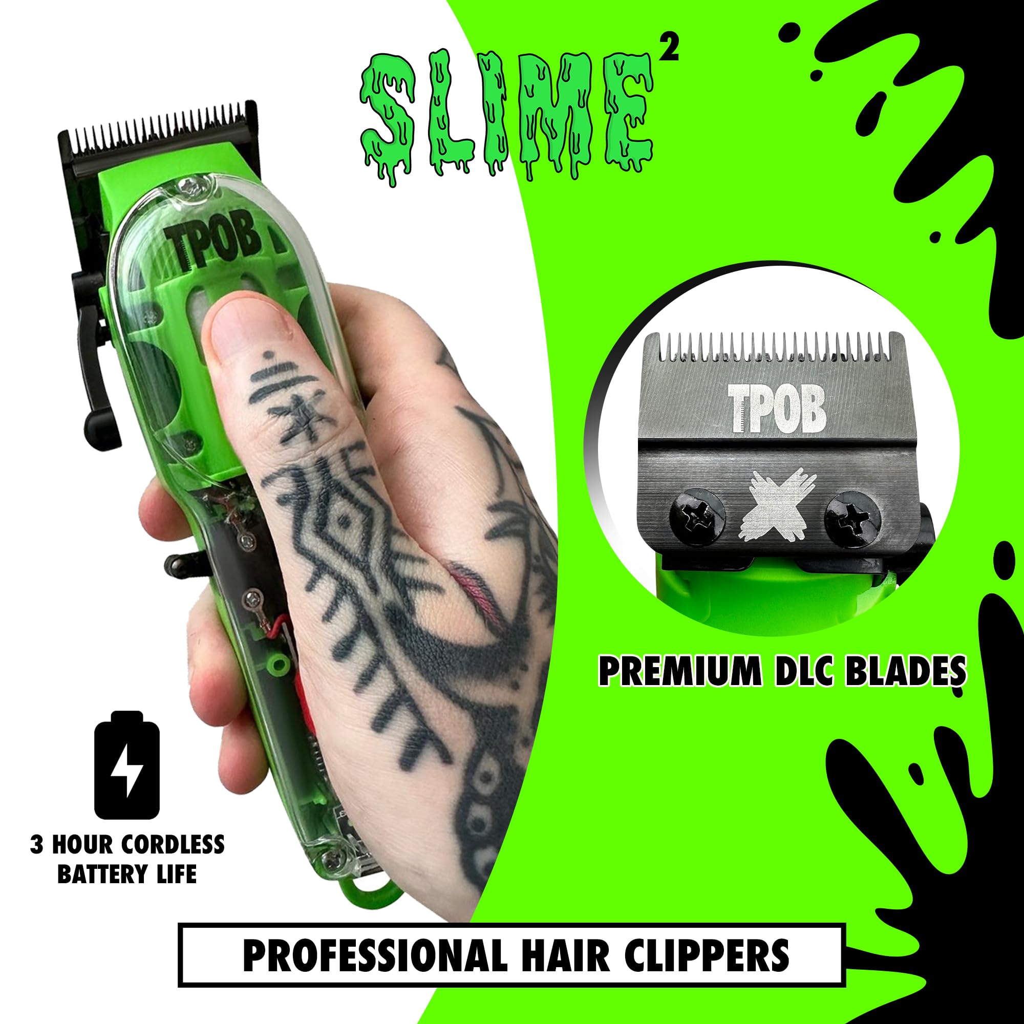TPOB Slime 2 X Fade blade close-up—precision cutting for clean fades and sharp lines.