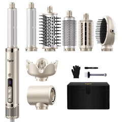 Tqcir 8-in-1 air-styler set demonstrates versatile home salon styling.