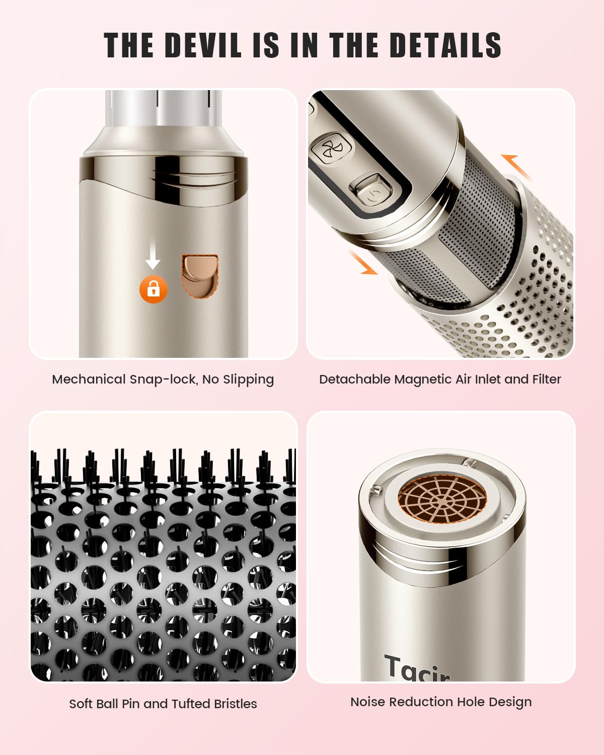 Tqcir smoothing brush tames flyaways for sleek looks.