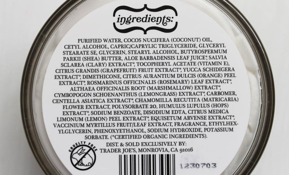 Trader Joe's crema corporal libre de crueldad, cuidado respetuoso con la piel.