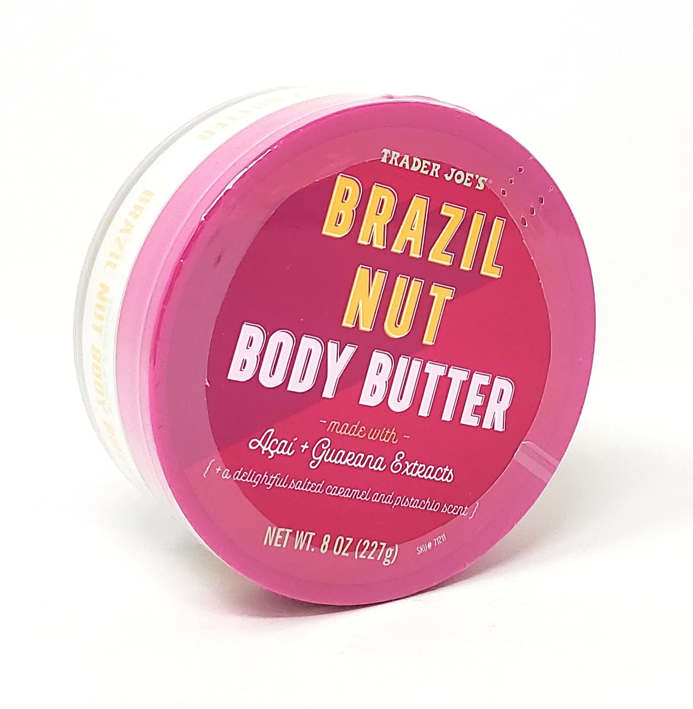 Envase práctico de Trader Joe's Brazil Nut Body Butter para uso diario cómodo.