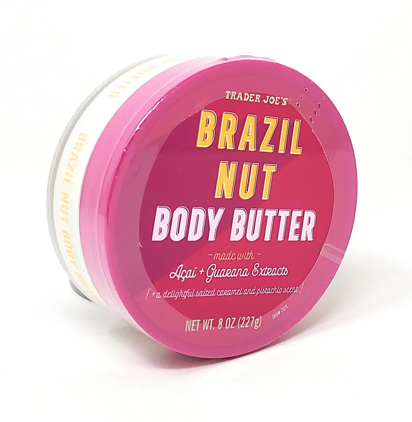 Trader Joe's Brazil Nut Body Butter en pote, crema rica para hidratación profunda.