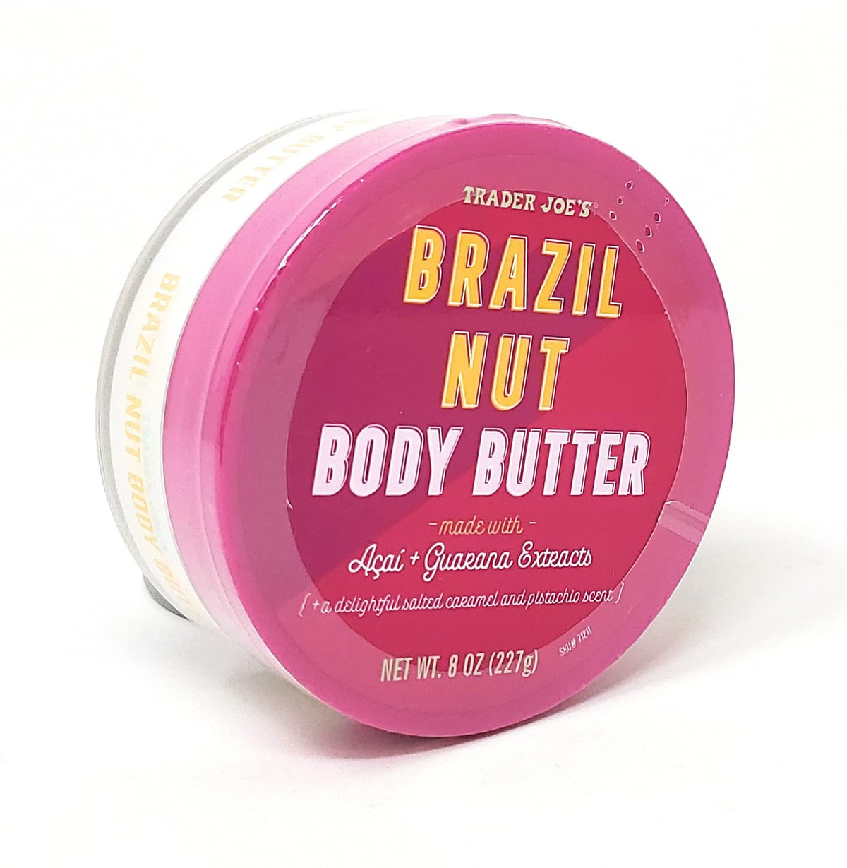Trader Joe's Brazil Nut Body Butter en pote, crema rica para hidratación profunda.