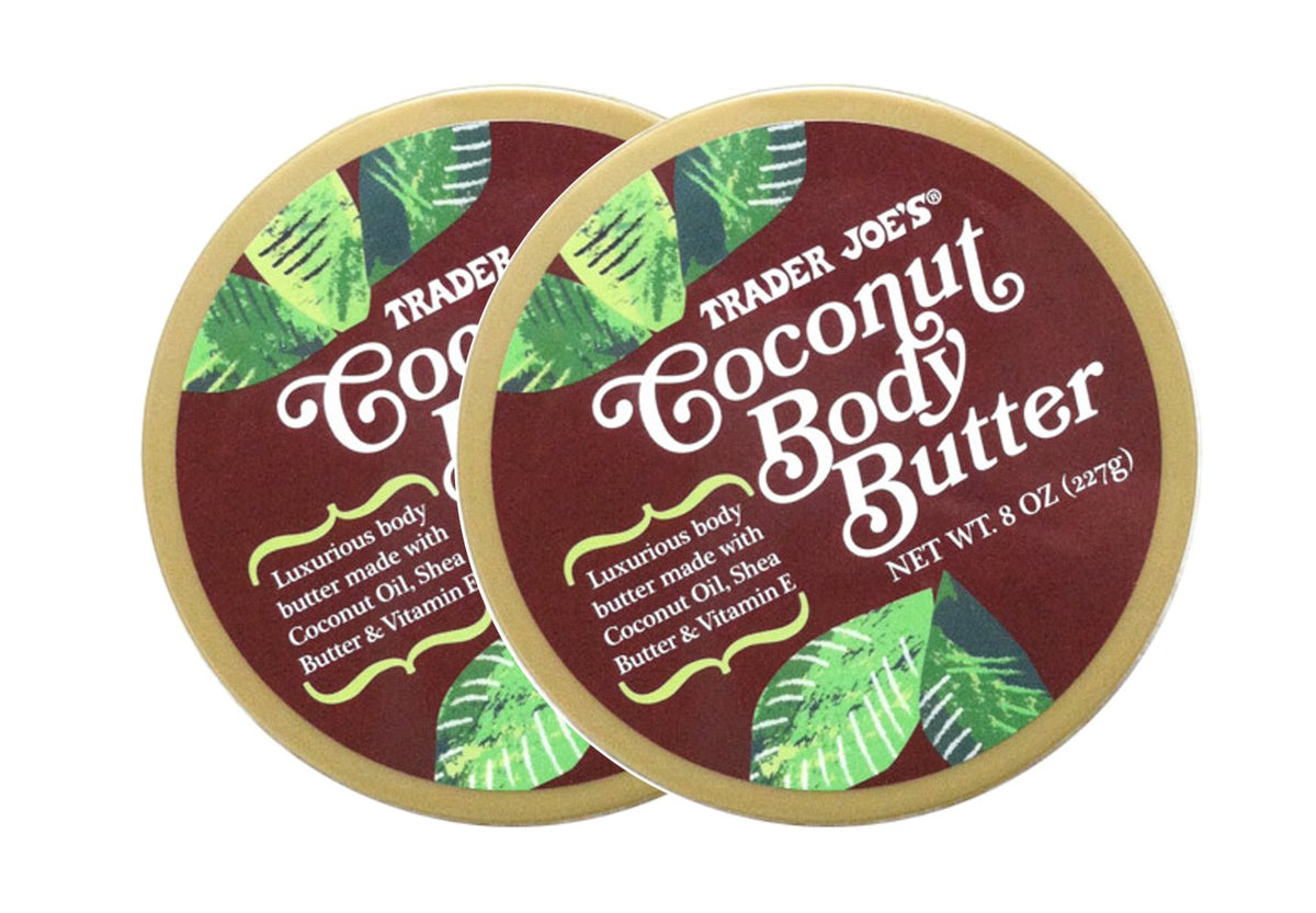 Trader Joe's manteca corporal de coco, bote doble, hidratación profunda para piel seca.