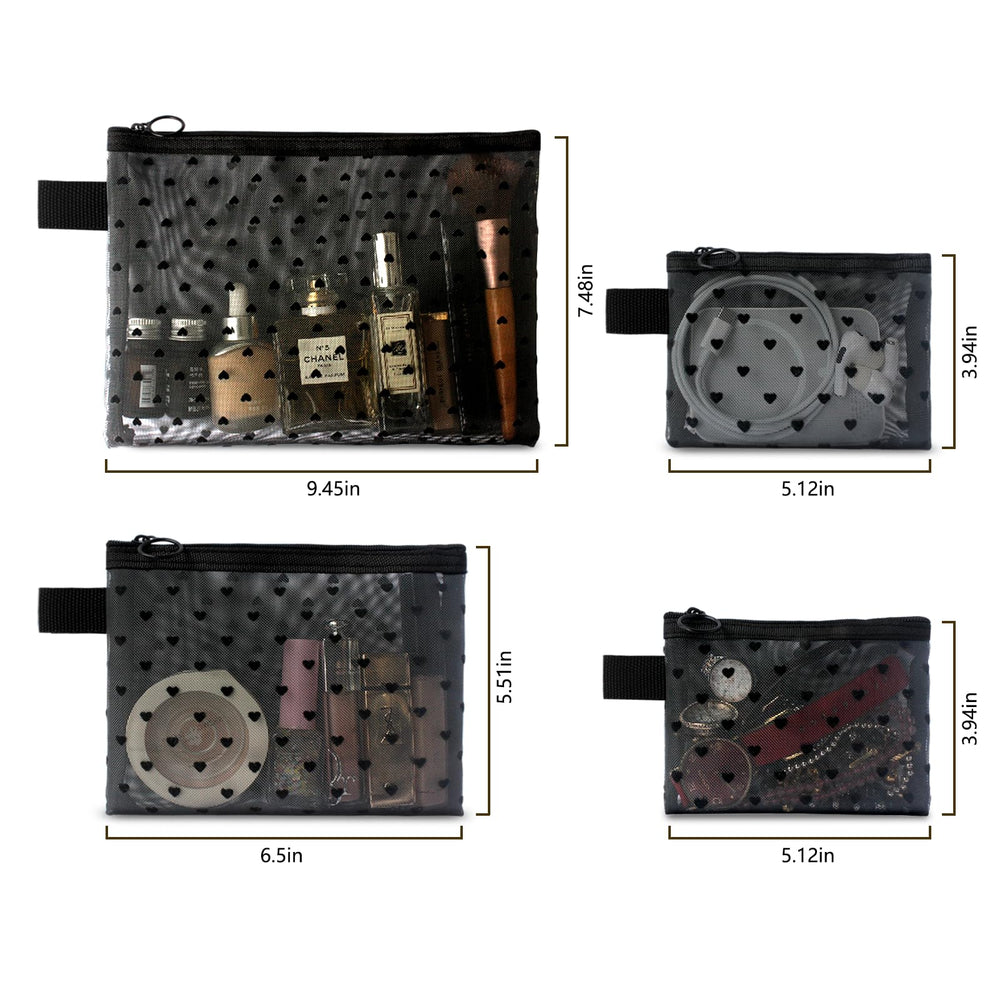 TRAKWAN heart-print mesh makeup bag medium black for travel toiletries and daily essentials.