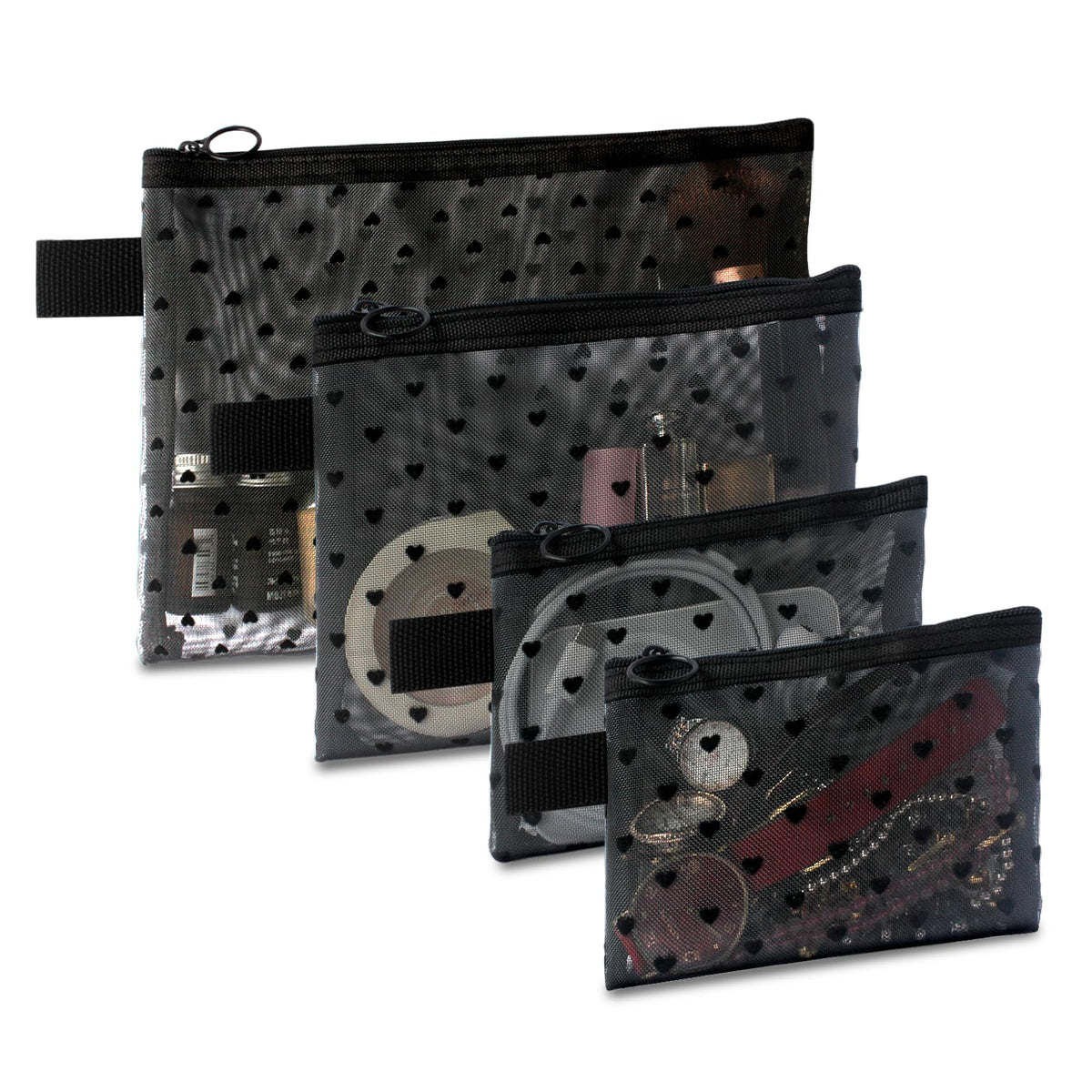 TRAKWAN heart-print mesh makeup bag small black, ideal for compact cosmetics.
