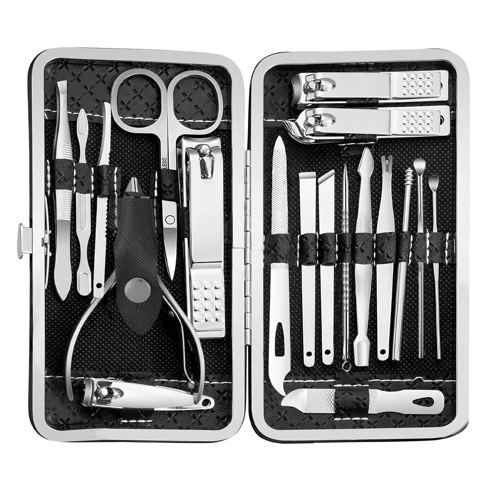Tranchou manicure set front view showing organized stainless steel tools for home grooming