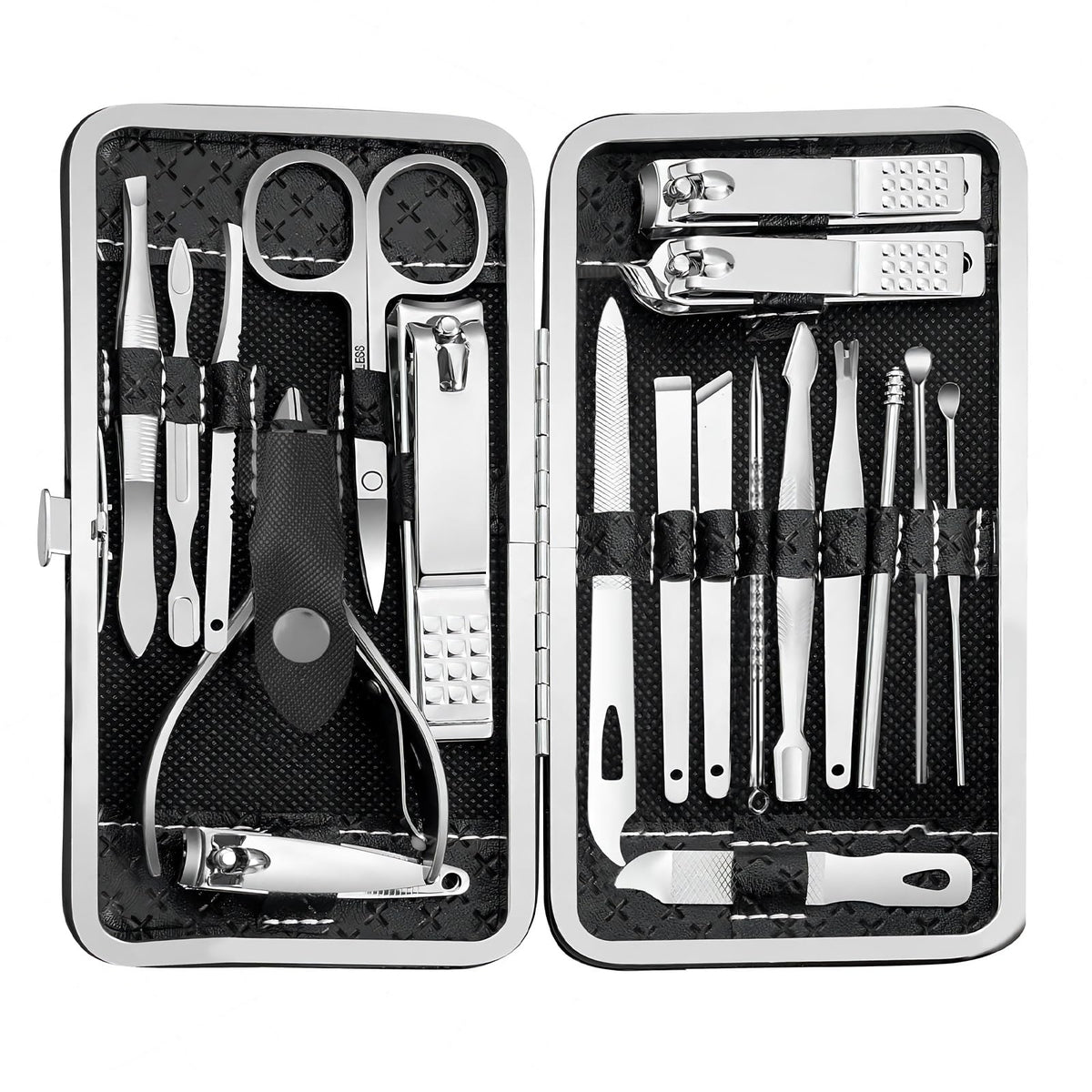 Tranchou manicure set front view showing organized stainless steel tools for home grooming